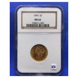 1894 LIBERTY HEAD FIVE DOLLAR GOLD COIN NGC MS62