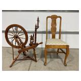 SPINNING WHEEL WITH ANTIQUE CHAIR