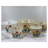 FIRE KING TULIP 4 PC NESTING BOWL SET W/GREASE JAR