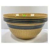 BLUE BANDED PRIMITIVE STONEWARE CROCK BOWL - 10"