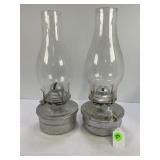 LOT OF 2 METAL BASE OIL LAMPS WITH CHIMNEYS