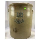 10 GALLON PRIMITIVE STONEWARE CROCK WITH BLUE