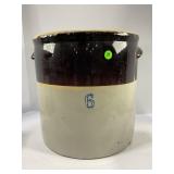 6 GALLON PRIMITIVE STONEWARE CROCK - BROWN OVER