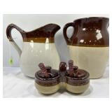 STONEWARE CROCK POTTERY PITCHERS AND CONDIMENT SET
