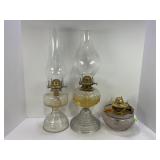 LOT OF 2 OIL LAMPS (1 EAGLE) WITH CHIMNEYS &