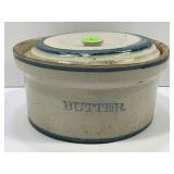 PRIMITIVE STONEWARE BUTTER CROCK WITH LID