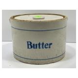 PRIMITIVE STONEWARE BUTTER CROCK WITH LID