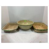 LOT OF 3 GREEN TRIMMED ENAMELWARE BOWLS & PANS