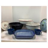 LARGE LOT OF ASSORTED ENAMELWARE BOWLS, CUPS AND