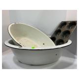 ENAMELWARE OVAL WASHTUBS AND MUFFIN PAN