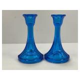 PAIR OF COBALT BLUE GLASS CANDLESTICK HOLDERS - 6