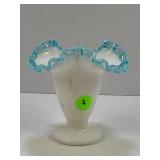FENTON AQUA CREST MILK GLASS RUFFLED VASE - 4 1/2"