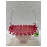 FENTON SILVERCREST PINK AND WHITE BASKET - 8" TALL