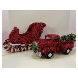 RED TINSLE CHRISTMAS SLEIGH AND TRUCK WITH TREE