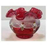 FENTON HAND PAINTED RUFFLED ROSE BOWL BY M.