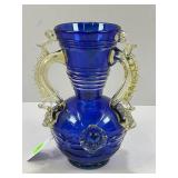 FENTON? COBALT BLUE ORNATE GLASS VASE - 7"
