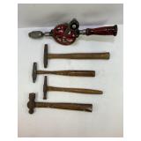 ANTIQUE HAND DRILL, BALL PEEN HAMMERS AND LEATHER