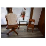ANTIQUE WOOD OFFICE CHAIR, GLASS TOP SIDE TABLE &