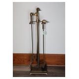 BRASS FIREPLACE POKER SET WITH STAND & DUCK HEAD