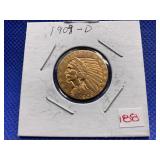1909 D $5 DOLLAR INDIAN HEAD GOLD COIN