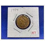 1904 S $5 DOLLAR LIBERTY GOLD COIN