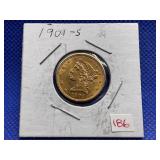 1901 S $5 DOLLAR LIBERTY GOLD COIN