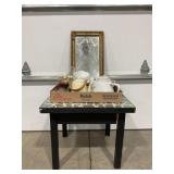 GLASS TOP TABLE, ANTIQUE MIRROR, TEAPOTS, PLANTERS