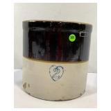 2 GALLON HEART BROWN OVER TAN PRIMITIVE STONEWARE