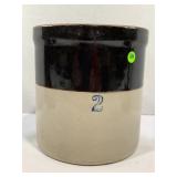 2 GALLON BROWN OVER TAN PRIMITIVE STONEWARE CROCK