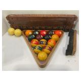 SET OF BILLIARD BALLS, 2 POOL CUE RACKS, TABLE