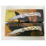 2 FOLDING POCKET KNIVES IN BOX - EAGLE AND WOLF