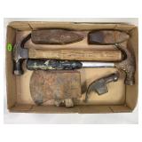 BOX LOT OF HAMMERS, MINI SLEDGE & AXE HEADS
