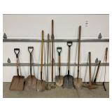 LARGE LOT OF ASSORTED HAND TOOLS - SHOVELS, HOES,
