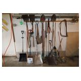 LARGE PILE OF HAND TOOLS - SCOOP SHOVELS, SPADES,