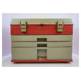 PLASTIC TACKLE BOX FULL OF FISHING LURES, JIGS,