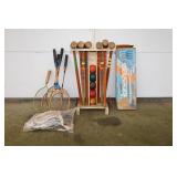 CROQUET SET, HORSESHOES, AND BADMITTEN SET WITH
