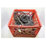 MILK CRATE FULL OF BUNGEE CORDS, RATCHET STRAPS &