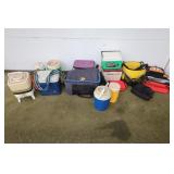 LARGE LOT OF SOFT AND HARD COOLERS WITH JUGS -