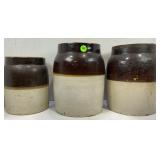 LOT OF 3 STONEWARE CROCKS AND 1 LID - 2 GALLONS, 1