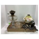 LOT OF ANTIQUE OIL LAMPS, HAND PAINTED WITH BRASS