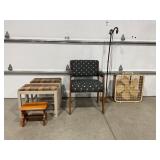 UPHOLSTERED CHAIR, LAMP, FOOTSTOOL, UPHOLSTERED