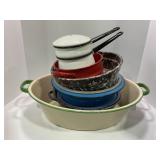 LARGE LOT OF ASSORTED ENAMELWARE DOUBLE BOILER,