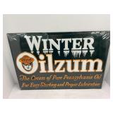 Oilzum winter embossed metal sign - 20' x 14'