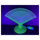 FENTON? URANIUM VASELINE RIBBED FAN VASE - 5 1/2"