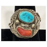 STERLING TURQUOISE & CORAL MEN'S RING SIZE 10 1/2