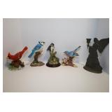 LOT OF BIRD FIGURINES AND ANGEL CANDLE HOLDER