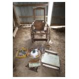 PRIMITIVE WHEELCHAIR, VINTAGE MEDICINE BOTTLES &