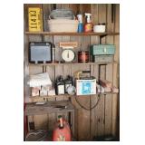 CONTENTS OF SHELF IN GARAGE - LICENSE PLATES,