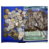 LARGE LOT OF ASSORTED FOREIGN COINS & CURRENCY,