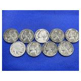 LOT OF 8 JEFFERSON WAR NICKLES & 1 BUFFALO HEAD